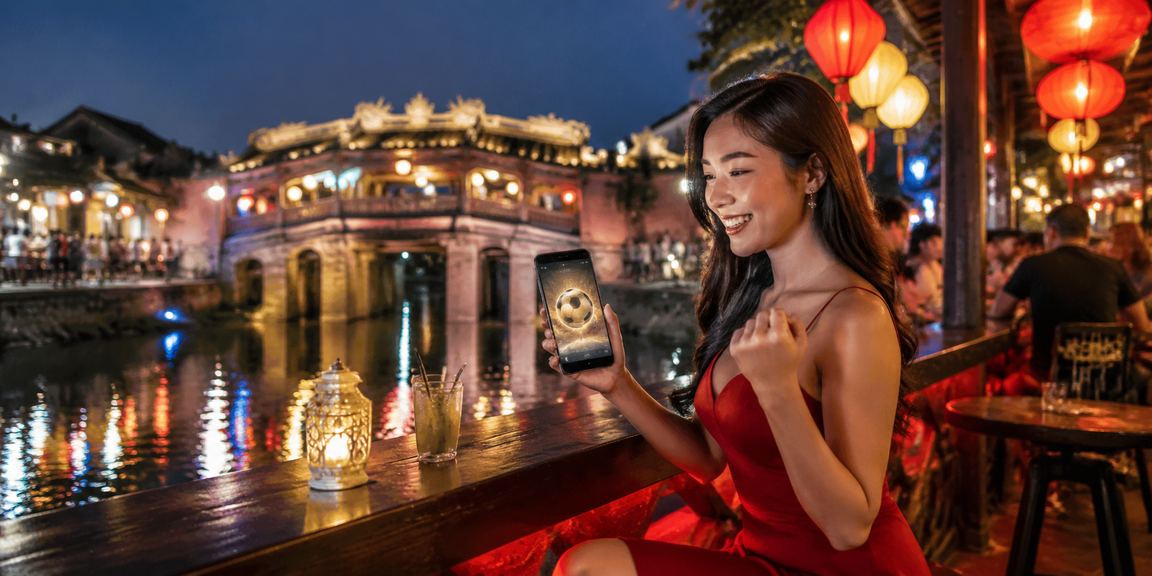 Người dùng xem kèo bóng đá và ưu đãi voucher tại chợ đêm Hội An